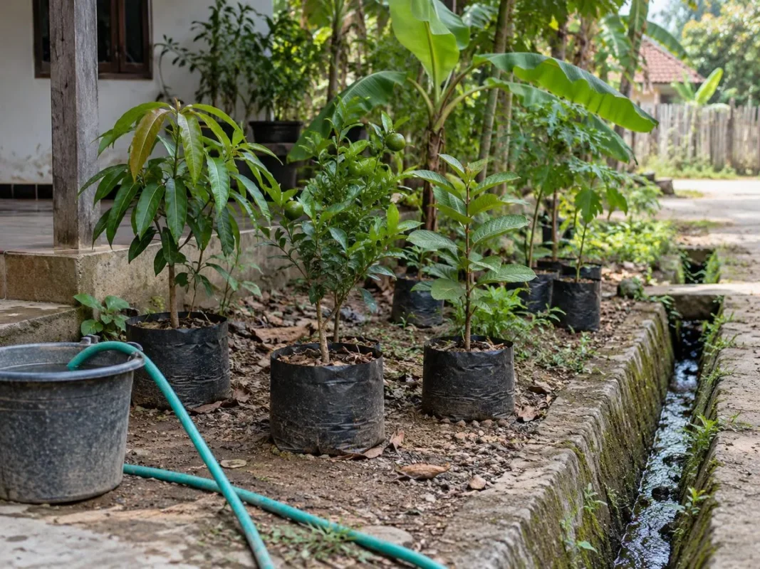 Bibit buah dalam polybag hitam di pekarangan rumah dengan selang, ember, dan parit kecil di tepi halaman
