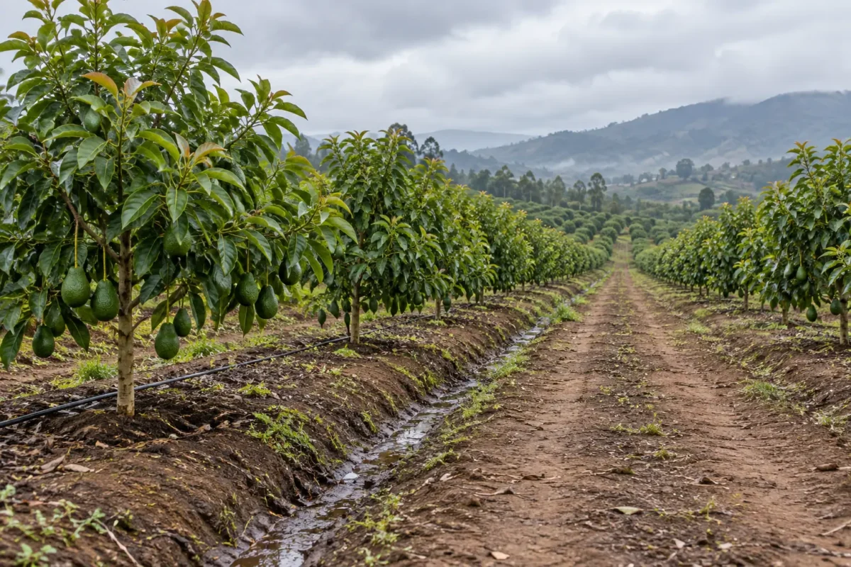 Kebun alpukat muda dengan barisan tanam dan jalur drainase