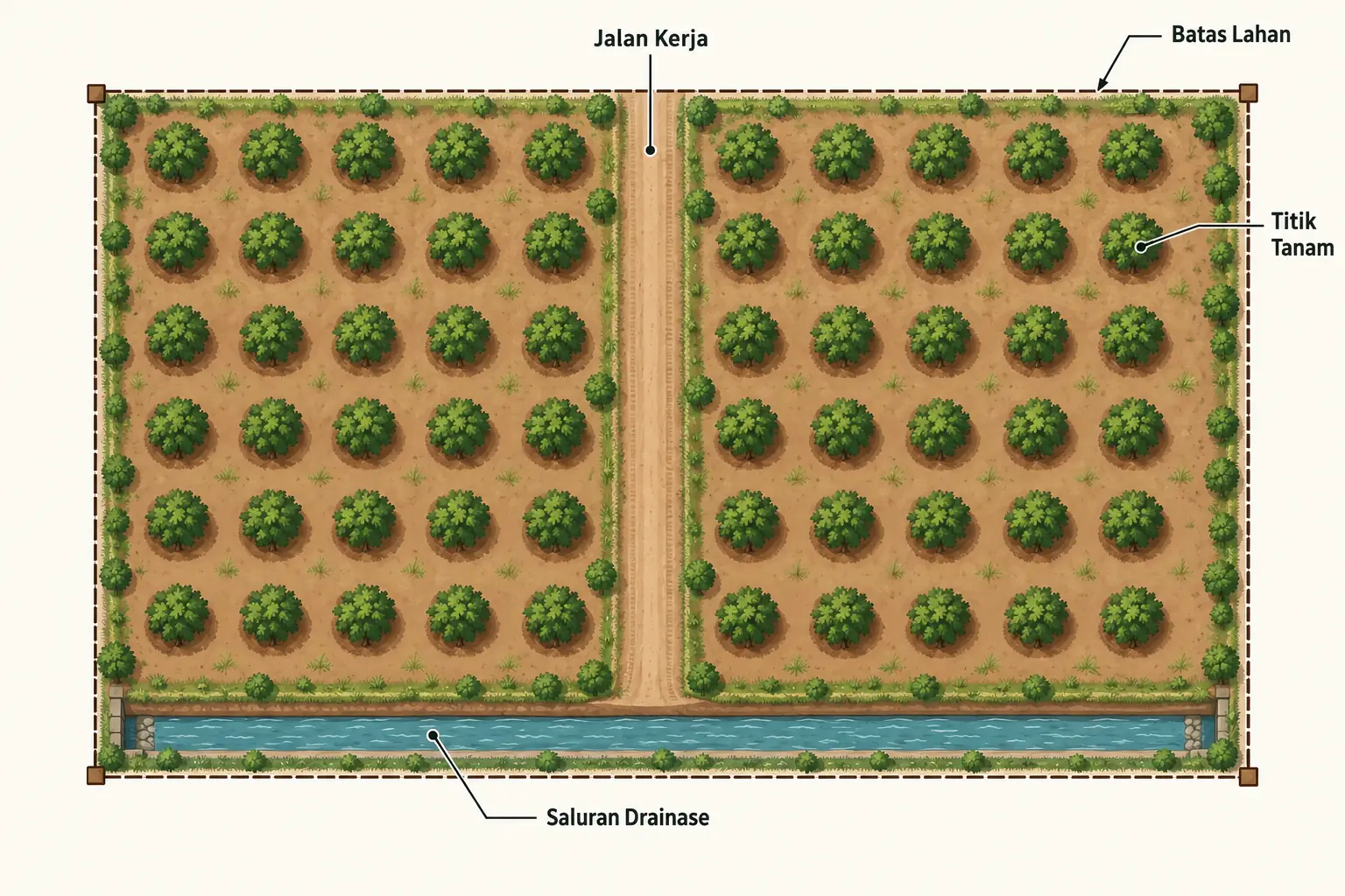 Diagram denah kebun alpukat dengan jalur kerja dan drainase