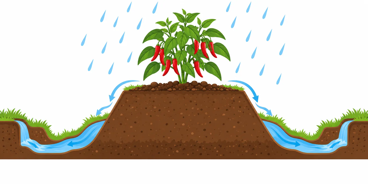 Diagram bedengan cabai tinggi dengan parit drainase untuk tanam cabai musim hujan