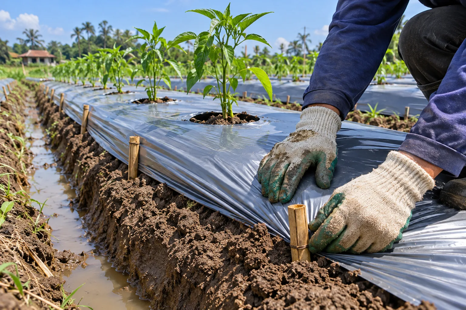 Memasang mulsa plastik hitam perak pada bedengan untuk tanam cabai musim hujan