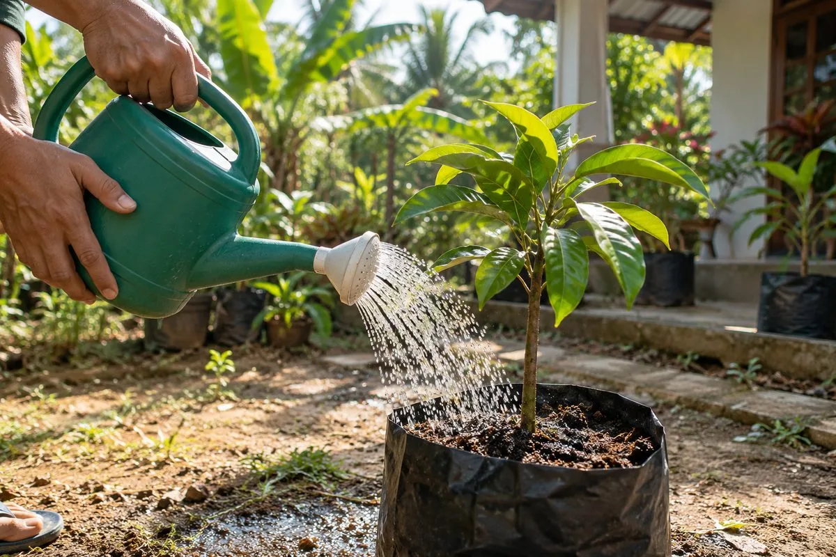 Menyiram bibit buah di polybag memakai gembor dengan semprotan halus di pekarangan