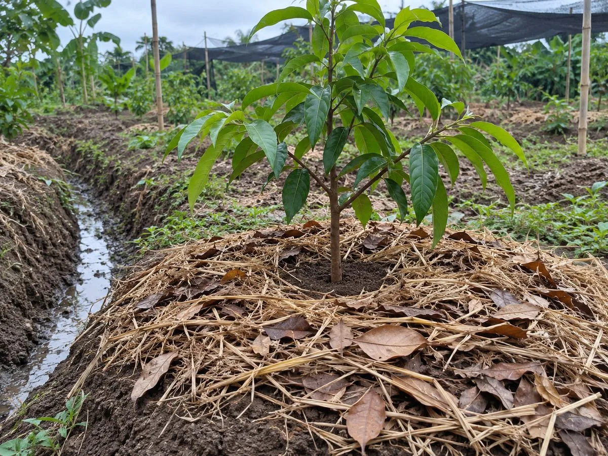Bibit buah di gundukan rendah dengan mulsa jerami dan daun kering yang tidak menempel batang, saluran drainase di sampingnya